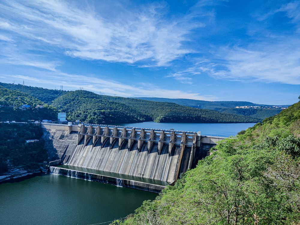 Stock photograph of a concrete dam and reservoir